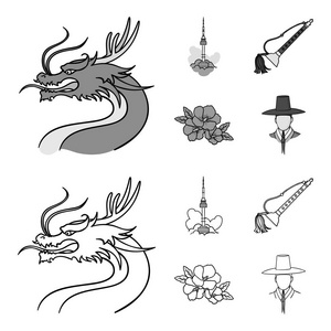 龙与胡须, 首尔塔, 民族乐器, 芙蓉花。韩国集合图标的轮廓, 单色风格矢量符号股票插画网