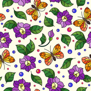 与紫色花朵和橙色蝴蝶在光背景下的无缝生动图案