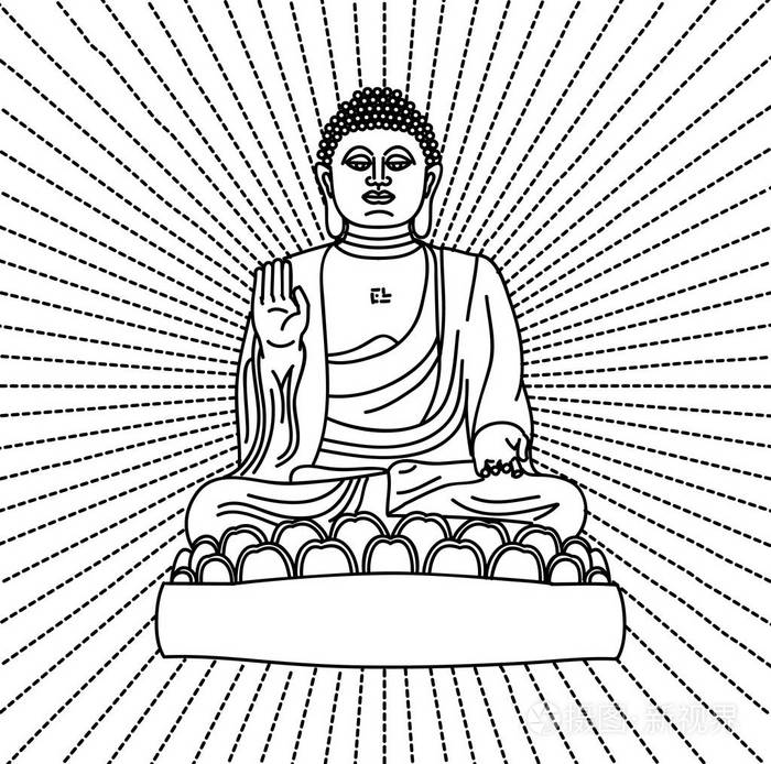 佛像坐在莲花姿势, 线形图形与光线从后面传播插画-正版商用图片04qzz