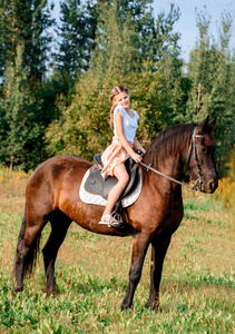 年轻漂亮的女孩，骑着马的图片