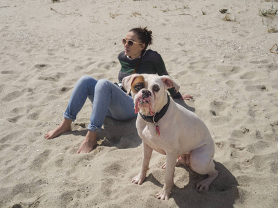 一个美丽的白色拳击手狗和它的主人在海滩的肖像。坐在沙子在背景的年轻妇女