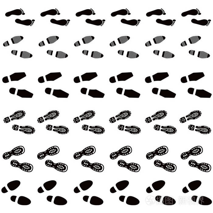 鞋印, 足迹和人类一步设置.矢量插图画家画笔合集