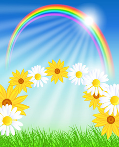 鲜花与绿草和彩虹