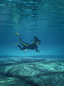潜水员游泳水下这是一个3d 渲染插图