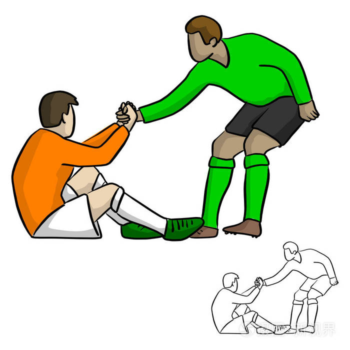 男性足球运动员互相帮助在游戏矢量插图草图涂鸦手绘制与黑色线隔离在