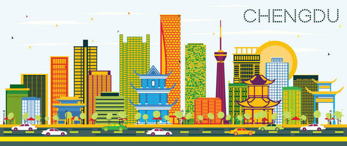 中国成都的地平线上有彩色建筑和蓝天。矢量插图。旅游和旅游理念与现代建筑。成都城市景观与地标