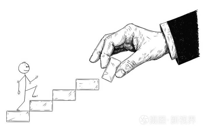 男人或商人的卡通走上楼 大手为他建造楼梯