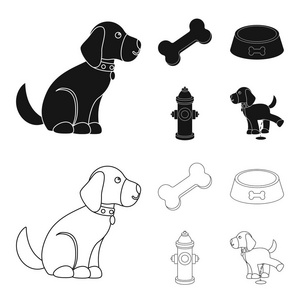 一根骨头, 一个消防栓, 一碗食物, 一只小便狗。狗集合图标在黑色, 轮廓样式矢量符号股票插画网站