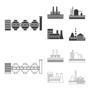 工业生产。工厂设置集合图标黑色, 轮廓样式矢量符号股票插画网站