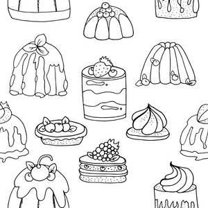 手绘图案背景的不同布丁, 甜点和蛋糕与奶油和浆果。素描风格中的单色矢量插图