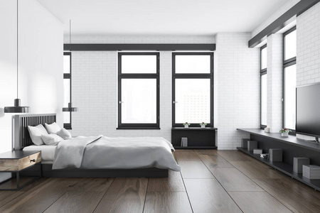 现代卧室内部有白色和白色的砖墙, 一层木地板, 一张双人床和一台电视机站在它的前面。3d 渲染模拟