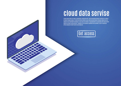 云数据存储, web 托管, 等距服务器矢量插图在蓝色背景上. 计算机