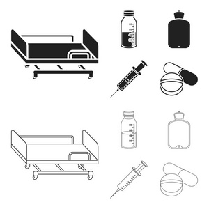 溶液, 暖和, 注射器, 药片。医学集合图标黑色, 轮廓样式矢量符号股票插画网站