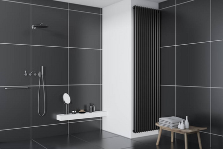 黑色瓷砖浴室内饰与黑色瓷砖地板, 和淋浴。一个温馨的家的概念。3d 渲染模拟