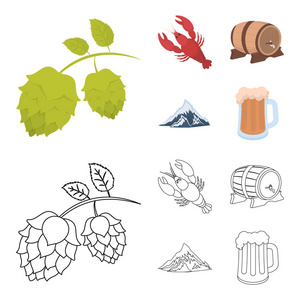 阿尔卑斯山, 一桶啤酒, 龙虾, 啤酒花。慕尼黑啤酒节集合图标在卡通, 轮廓风格矢量符号股票插画网站