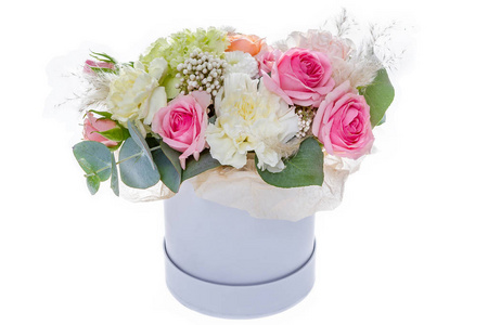 新鲜的, 郁郁葱葱的花束, 五颜六色的花朵, 在白色背景下隔离