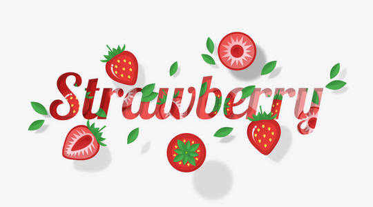 用草莓水果和树叶装饰的词在纸艺术风格, 矢量, 插图