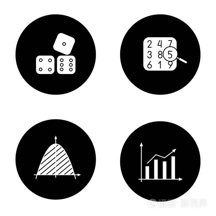 数论, 统计学, 坐标系, 骰子.黑色圆圈中的矢量白色剪影插图