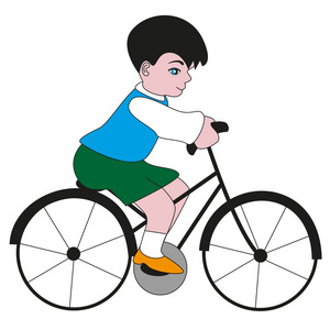 一个蓝色的眼睛和黑色的头发的男孩骑着他的自行车被白色背景隔离