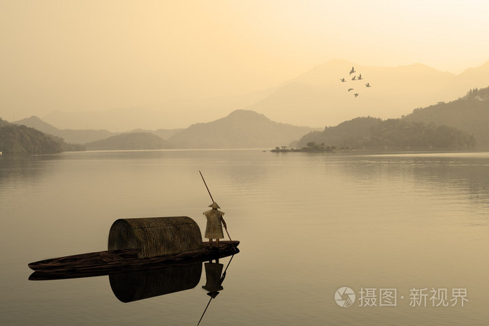 中国山水画-日落的渔夫