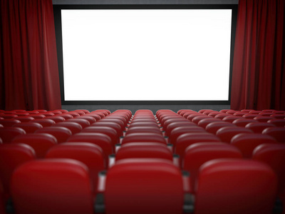 电影院里有电影空白屏幕和排红座椅。3d 插图