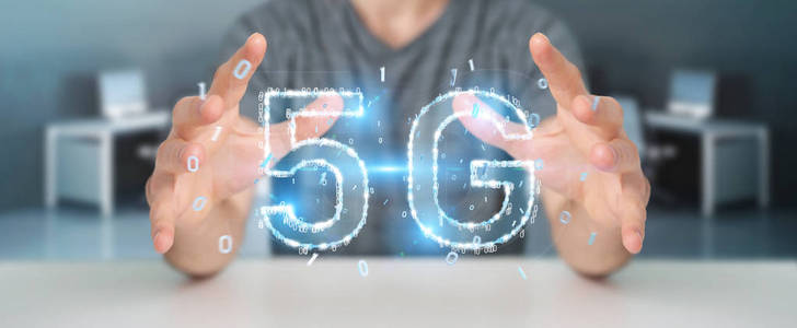 在模糊背景下的商人使用5g 网络数字全息图3d 渲染