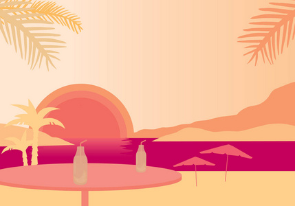 海滩与棕榈, 阳伞和与桌和果子饮料, 在傍晚天空下与日落媒介