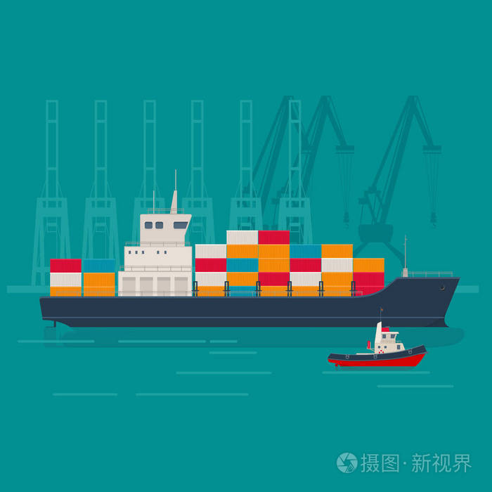 港口装载集装箱船和拖船