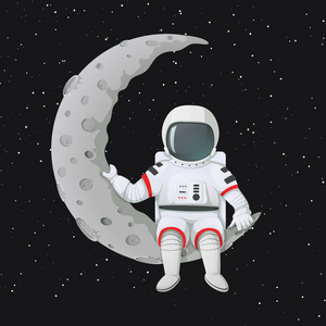 矢量插图。宇航员坐在新月上。背景上的黑暗空间和星星