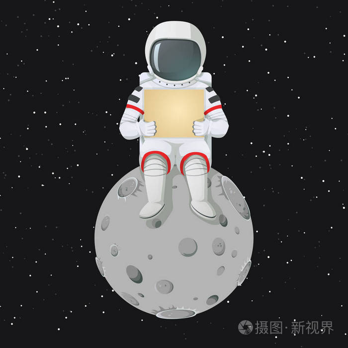 宇航员坐在月球上拿着一个标志.背景上的黑暗空间和星星