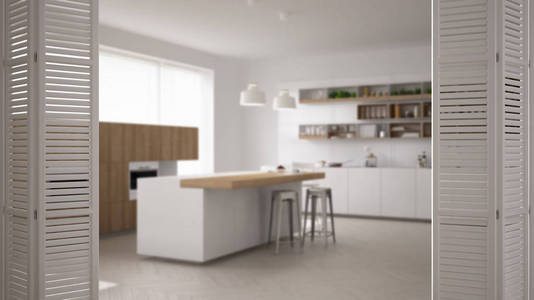 白色折叠门打开现代简约厨房与海岛, 白色室内设计, 建筑师设计师概念, 模糊背景