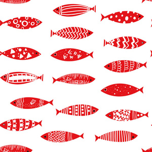 在涂鸦风格的鱼类无缝模式, 矢量图形插图