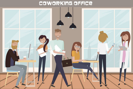 创造性的人平的组合在 co 工作办公室一起工作。可编辑矢量插图