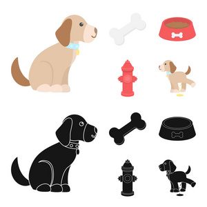一根骨头, 一个消防栓, 一碗食物, 一只小便狗。狗集合图标在卡通, 黑色风格矢量符号股票插画网站