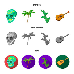 绿色头骨与图片, 棕榈树, 吉他, 国家墨西哥仪器, 仙人掌与刺。墨西哥国家集合图标在卡通, 平, 单色风格矢量符号股票