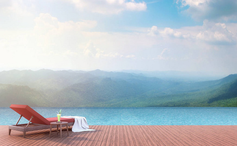 泳池露台, 山景3d 渲染。有木地板。配以红色布料 poolbed。有无国界的游泳池俯瞰山景