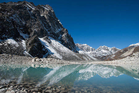 山峰和神圣戈焦湖在喜马拉雅山中的反思