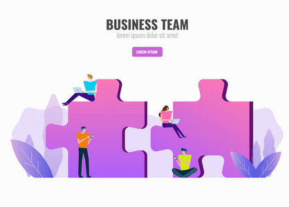 商业人士在拼图上工作。企业团队合作和合作理念。平面设计矢量图