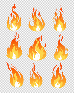 火焰火焰的矢量图示集平面卡通风格中透明背景的不同形状
