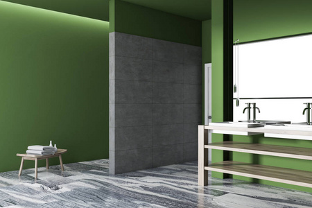 阁楼绿色豪华浴室角落与黑色大理石地板, 淋浴摊位, 双容器水槽和大镜子。3d 渲染模拟