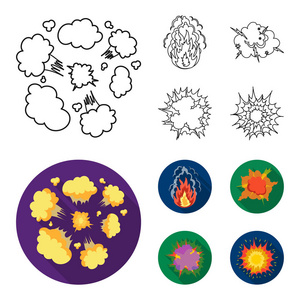 火焰, 火花, 氢碎片, 原子或气体爆炸, 雷暴, 太阳爆炸。爆炸集合图标的轮廓, 平面风格矢量符号股票插画网站