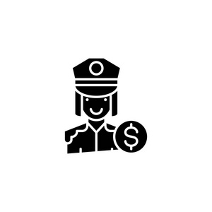 警察官员黑色图标概念。警察官员平的载体标志, 标志, 例证