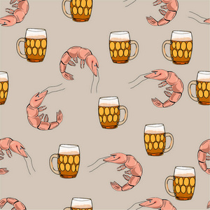 啤酒和虾。模式。卡通矢量背景
