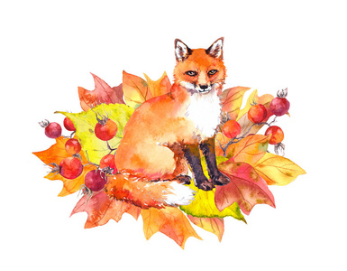 在秋天的落叶的可爱狐狸。水彩