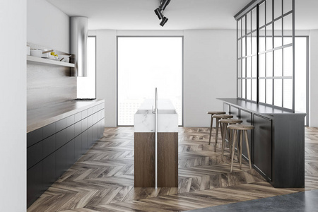 斯堪的纳维亚风格的厨房内部有木地板, 白色墙壁, 灰色台面和阁楼窗户。3d 渲染模拟