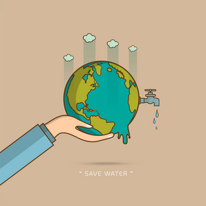 水世界天用手拿水龙头或自来水水龙头与一滴水到地球和保存水文本矢量设计插图