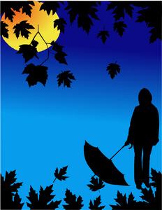 秋季背景与落叶和伞在月光下的女孩