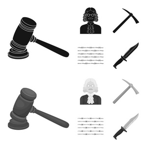 法官, 木锤, 刺绳, 镐。监狱集合图标黑色, 单色风格矢量符号股票插画网站