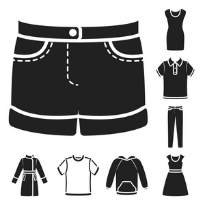 不同类型的衣服黑色的图标集合中的设计。服装和风格矢量符号股票网站插图