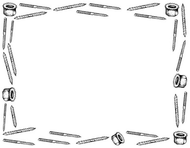 制造和工业, 插图手工绘制的衣架螺栓, 双端螺钉和 K 锁螺母草图框架。一种用于将材料固定在一起的紧固件类型